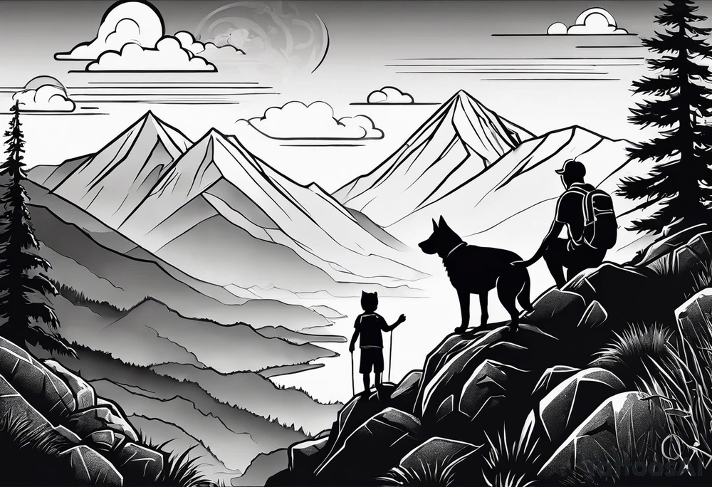 nature, sunset, mountains, a father and son hiking with their dog and cat and a cross tattoo idea