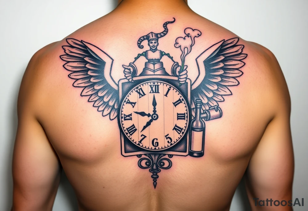 jack in the box tattoo with the box as a clock, the time 420, two open wings besides the clock, smoke as the spring rising from the clock, a jester clown coming out the smoke, smoking in one hand with a liquor bottle on the other hand tattoo idea