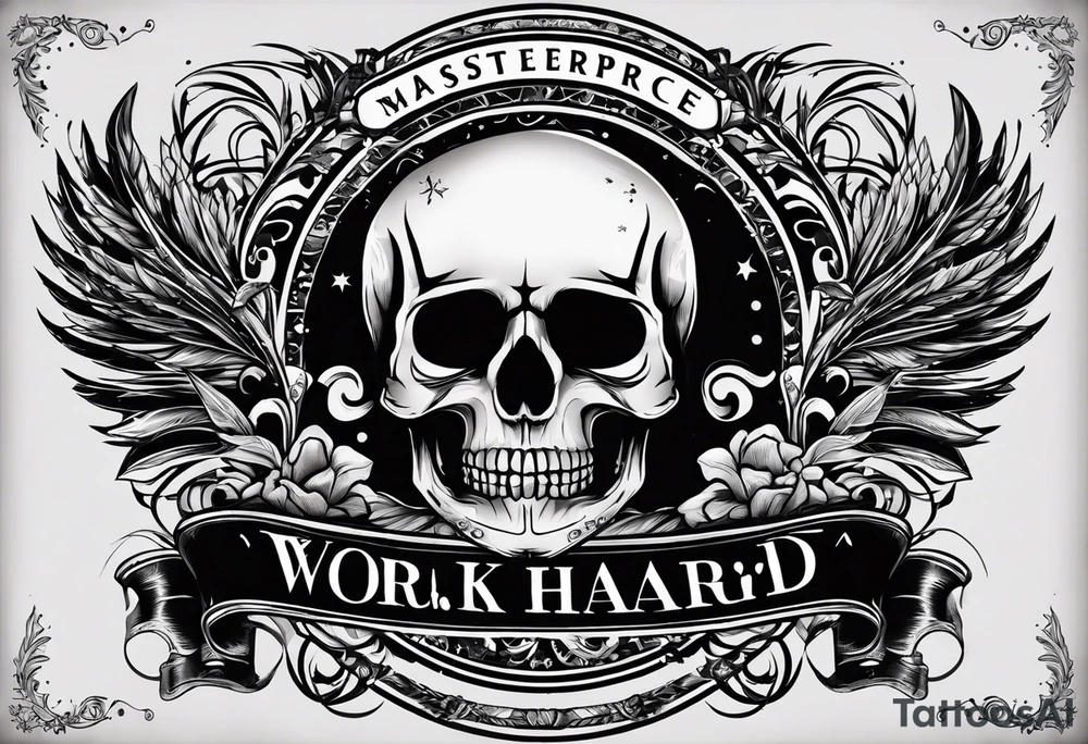 I want a tattoo with a skull design with the letters "work hard" at the top and the letters "play hard" at the bottom, in black only. tattoo idea