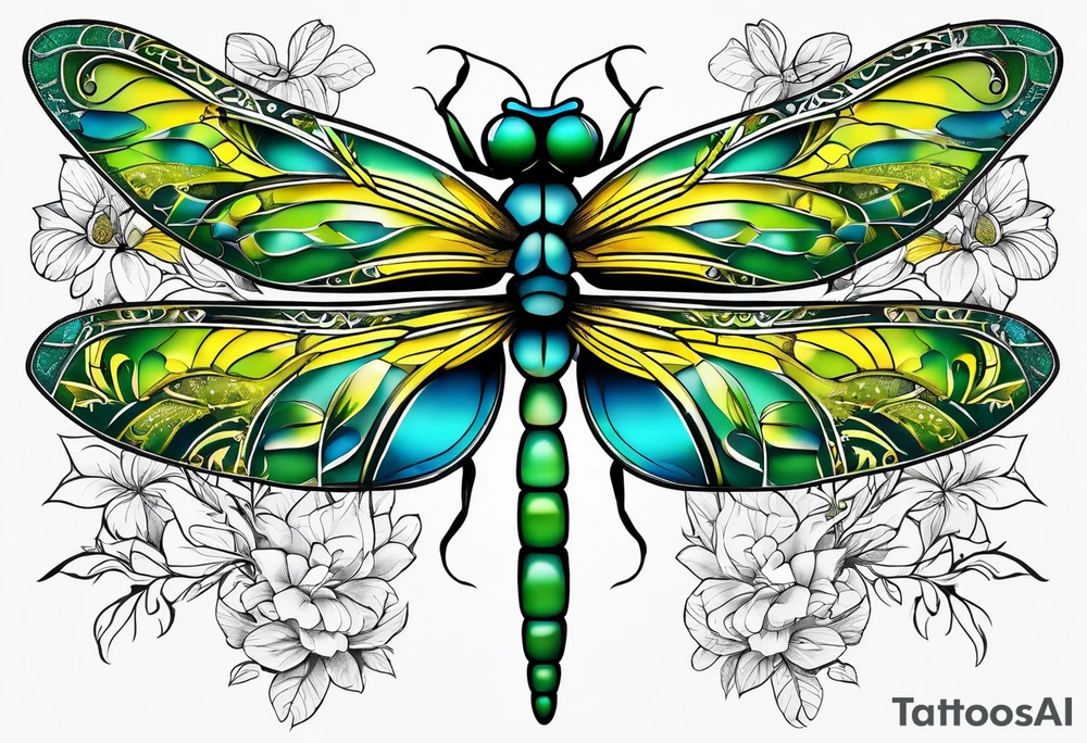 green blue and yellow dragonfly on a twig tattoo idea