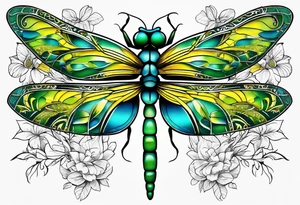 green blue and yellow dragonfly on a twig tattoo idea