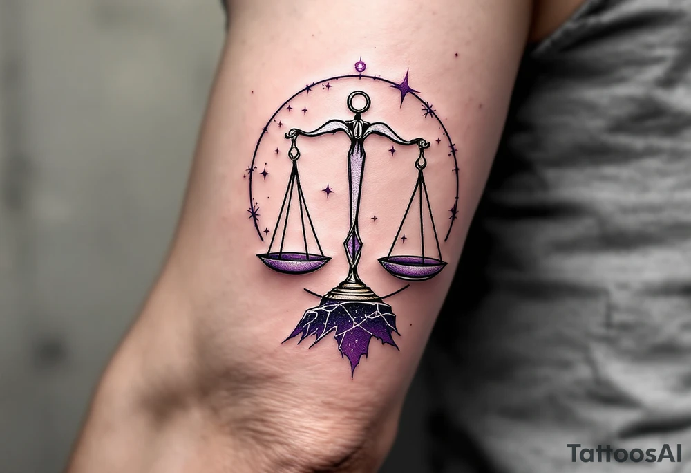 A fine-line scale balances on the arc of the Libra star constellation rendered in shimmering silver on dark plum. tattoo idea