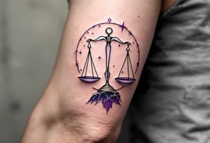 A fine-line scale balances on the arc of the Libra star constellation rendered in shimmering silver on dark plum. tattoo idea