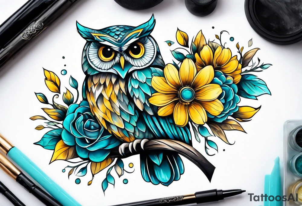 Owl surrounded by yellow and aqua flowers tattoo idea