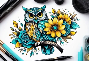 Owl surrounded by yellow and aqua flowers tattoo idea