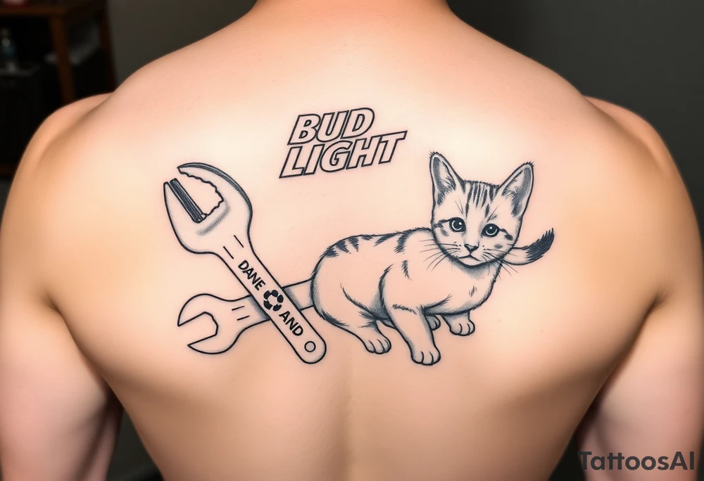 A cold bud light a flipflop a wrench and a kitten all in one memorial tattoo tattoo idea
