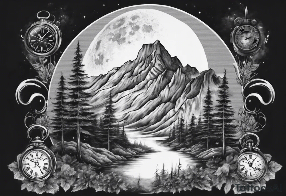 A moon with a face of clock. A mountain in the back ground. The tress in front of the moon tattoo idea