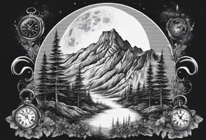 A moon with a face of clock. A mountain in the back ground. The tress in front of the moon tattoo idea