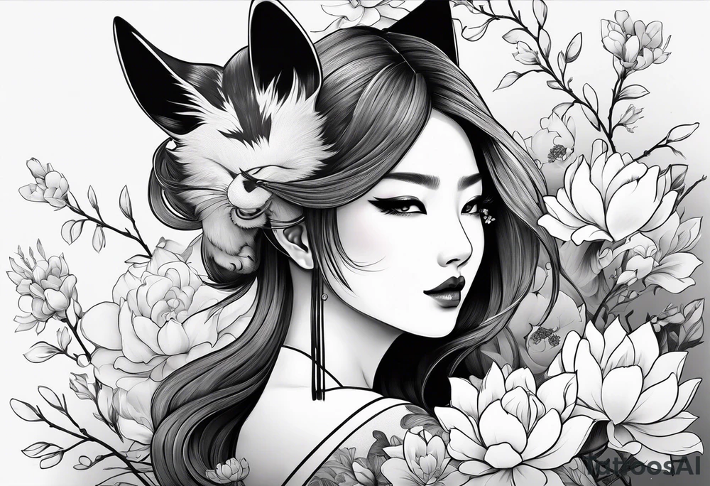 kitsune woman whit flowers tattoo idea