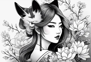 kitsune woman whit flowers tattoo idea