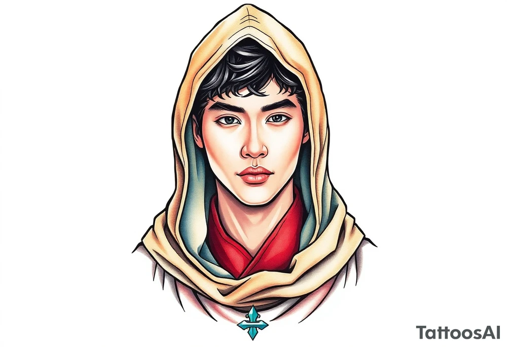 Handsome Asian young guy wearing a medieval robe with hood tattoo idea
