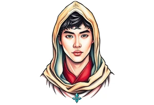 Handsome Asian young guy wearing a medieval robe with hood tattoo idea