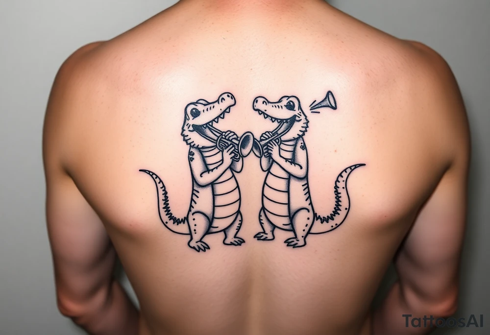 Two cartoon alligators playing music together with trombone and trumpet tattoo idea