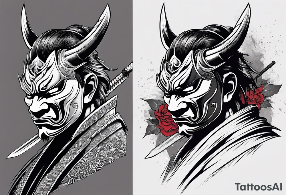 samurai with a hannya mask that covers half of his face who is in a slightly tilted posture holding a katana in an attack position tattoo idea