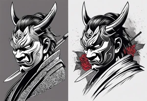 samurai with a hannya mask that covers half of his face who is in a slightly tilted posture holding a katana in an attack position tattoo idea