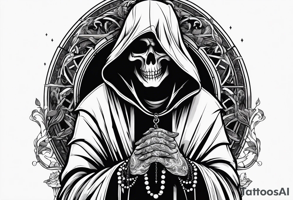 Grim reaper holding rosary with creepy design sleeve tattoo idea