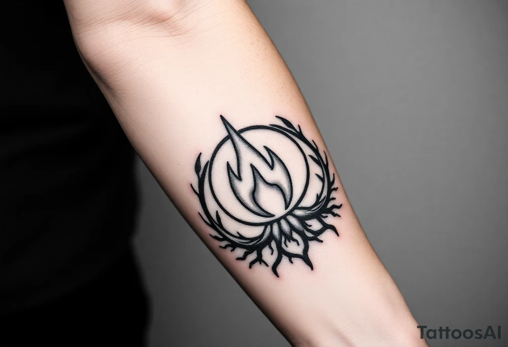 a round flame imprisoned in a roots circle tattoo idea