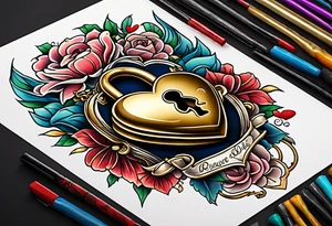 vintage heart lock and ket tattoo idea