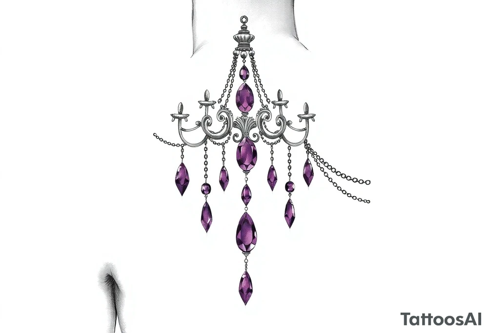 The chandelier sits slightly off-center on the shoulder cap. Multiple jewel chains (teardrop, oval, crystal shapes) drape toward the upper arm and collarbone. Each gem is shaded in deep purples. Small ornamental metalwork wraps around the shoulder like armor. Wax drips subtly down the arm. tattoo idea