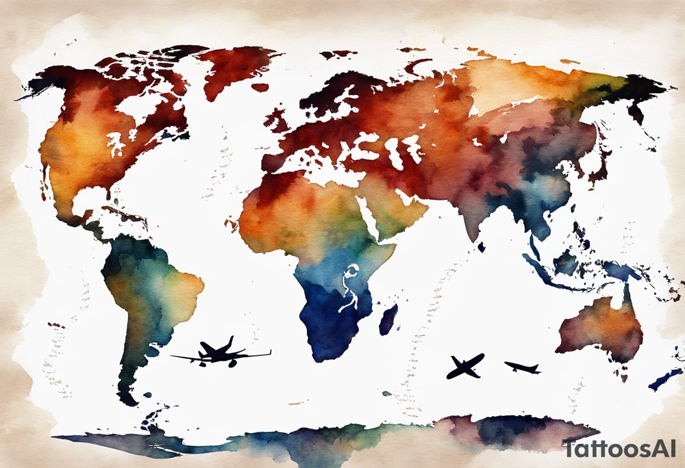 World map with tiny jet plane showing intercontinental flight path. Watercolor with spilled watercolor look tattoo idea