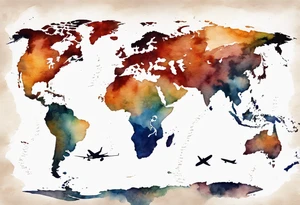 World map with tiny jet plane showing intercontinental flight path. Watercolor with spilled watercolor look tattoo idea