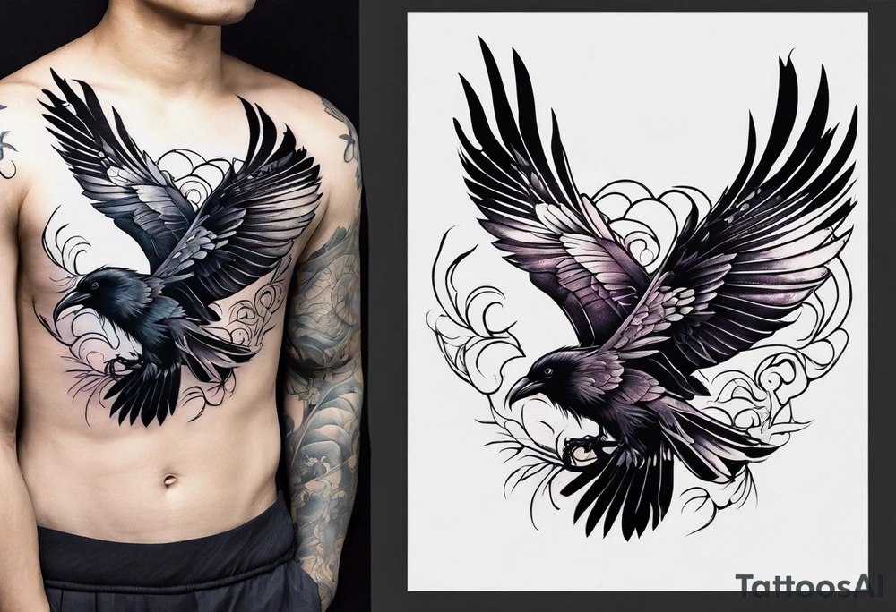 tall Raven chest facing out tattoo idea