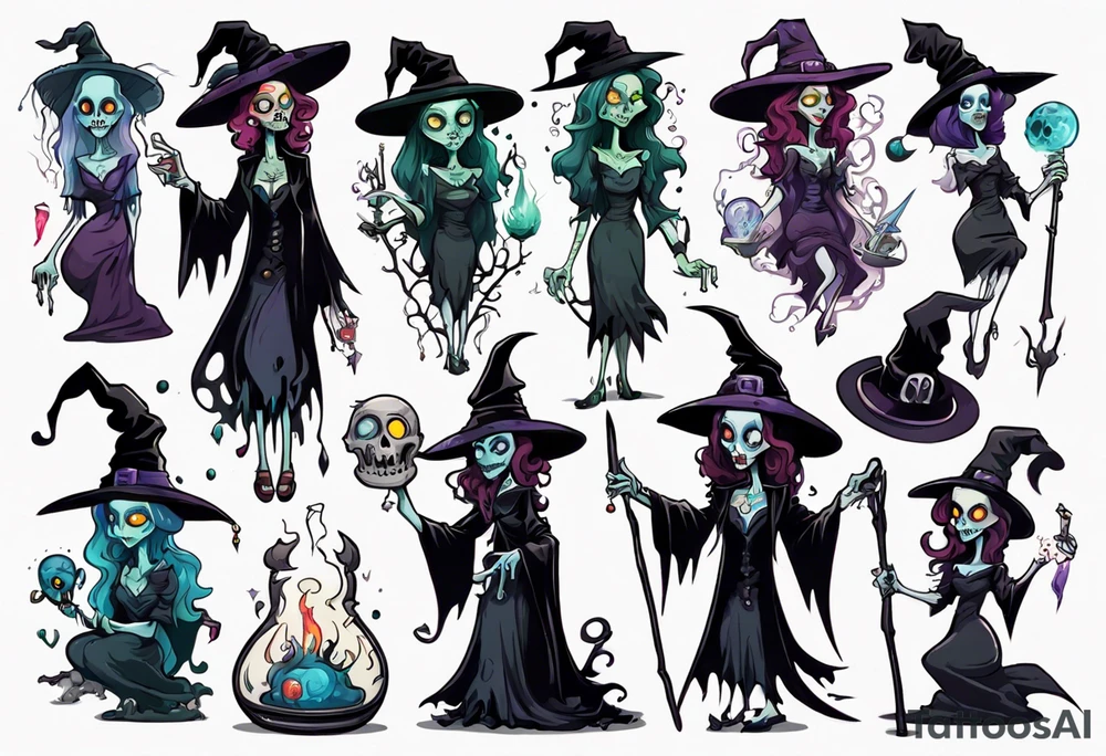a Tim Burton-style witch necromancer tattoo idea