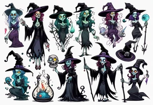 a Tim Burton-style witch necromancer tattoo idea