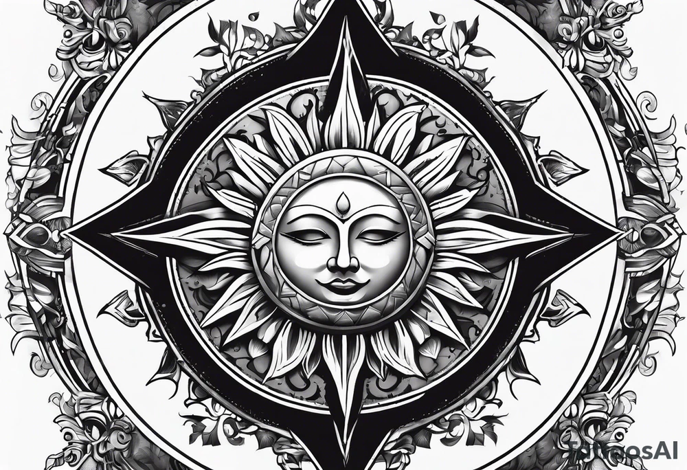protective shield with a sun with hair tattoo idea