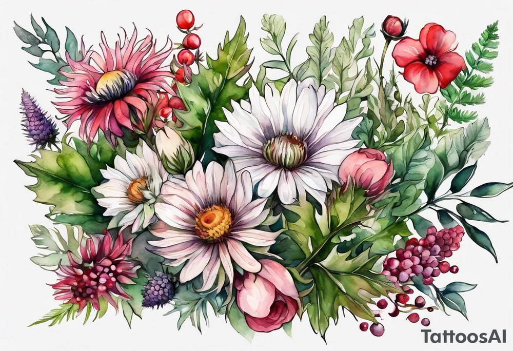 wildflowers with thistles, ferns, white flowers, cream flowers, green flowers, pink flowers, red flowers, berries and all in watercolor tattoo idea