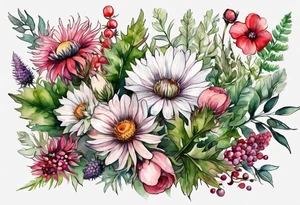 wildflowers with thistles, ferns, white flowers, cream flowers, green flowers, pink flowers, red flowers, berries and all in watercolor tattoo idea