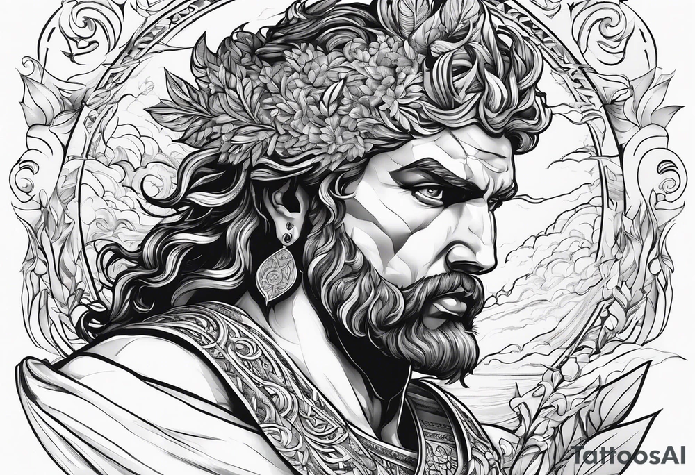 the greek god melitus embodying masculinity with a background of storms tattoo idea