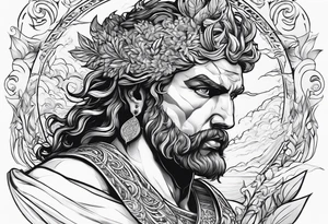 the greek god melitus embodying masculinity with a background of storms tattoo idea