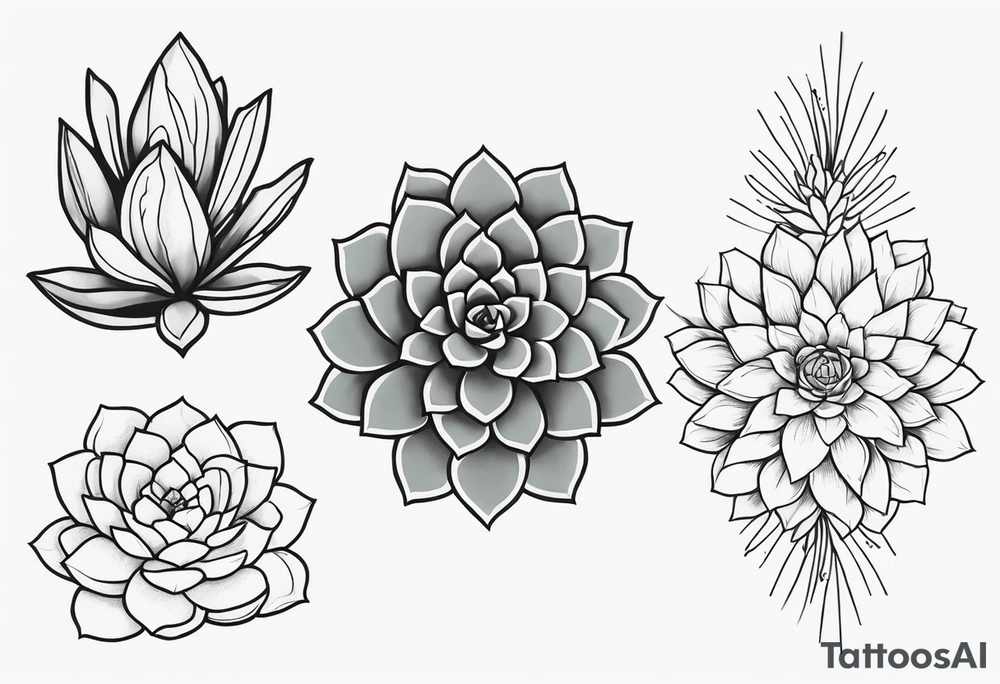 fine line. one big succulent in the middle. Two smaller succulents on the side. Dots and floral
. Sternum tattoo grey scale shading tattoo idea