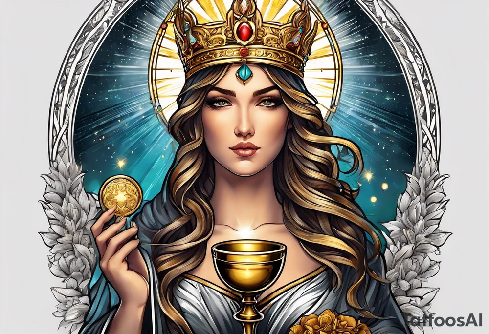 woman saint holding chalice surrounded by golden halo tattoo idea