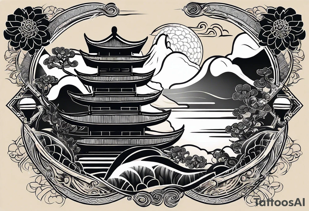 A black Vietnamese tattoo design featuring intricate depictions of sacred animals like the dragon and turtle intertwined with majestic mountains and lush rice fields. Incorporate iconic elements such as the conical straw hat floating above, surrounded by blooming lotus flowers and traditional silk lanterns. The tattoo reflects the essence of Vietnam's breathtaking nature, with swirling mist and flowing water elements woven into the composition, merging traditional artistry with a modern flair. Use a color palette that evokes the lush greens of the countryside and the warm tones of sunset. tattoo idea