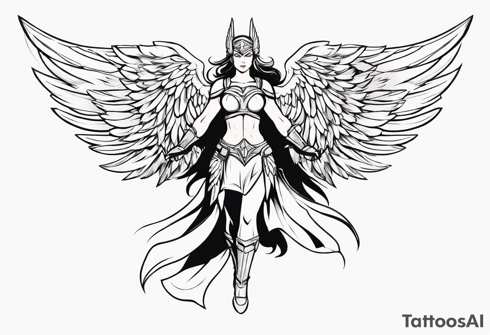The full body of a Valkyrie with wings flying tattoo idea