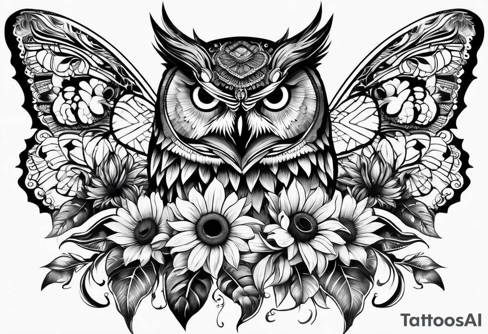 Owl, butterfly and sunflower are sleeve tattoo idea