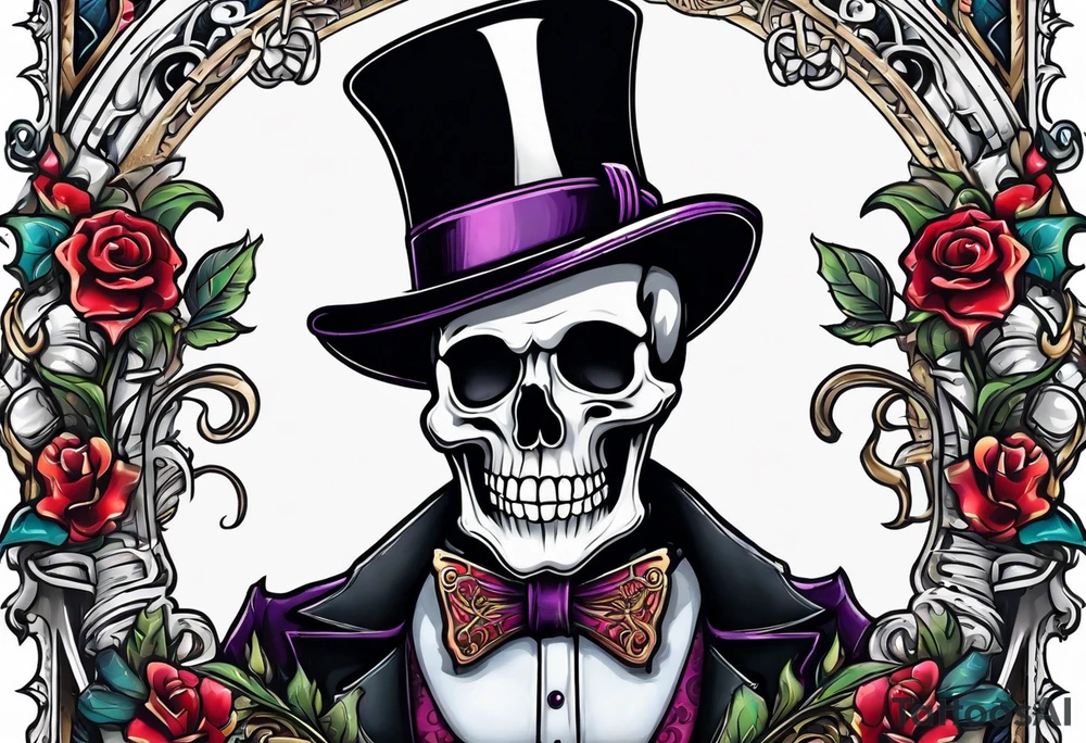 skeleton wearing a top hat holding a holy bible tattoo idea
