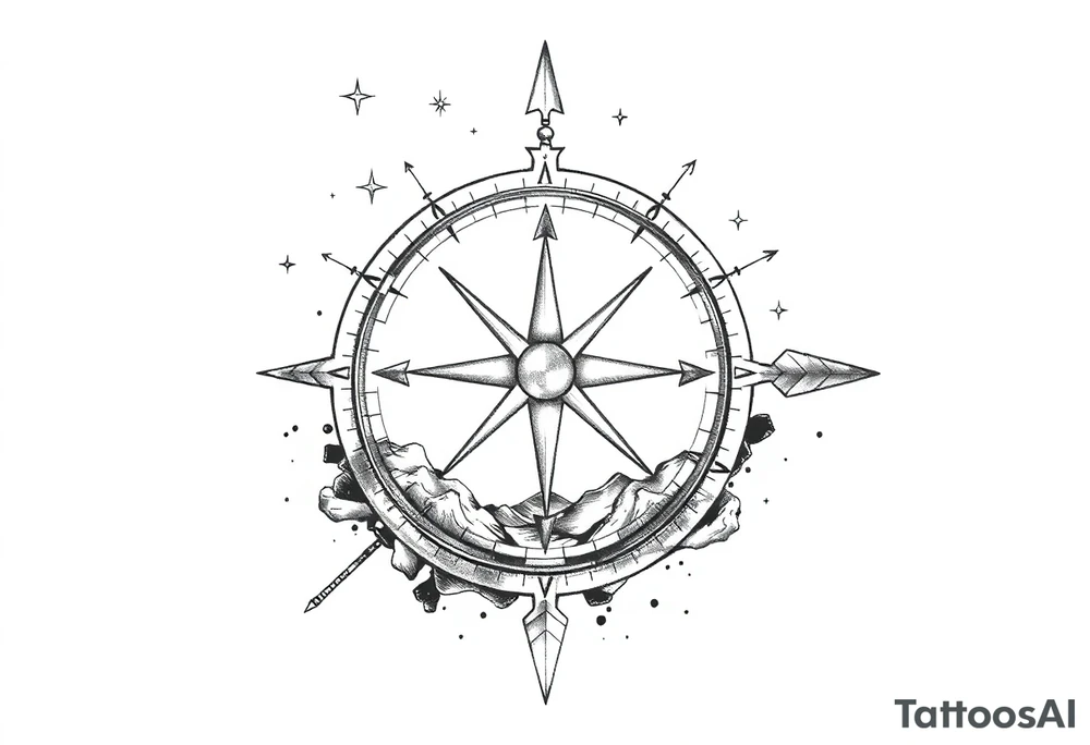 a compass,stars,landscape,an arrow. tattoo idea