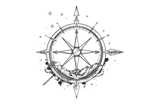 a compass,stars,landscape,an arrow. tattoo idea