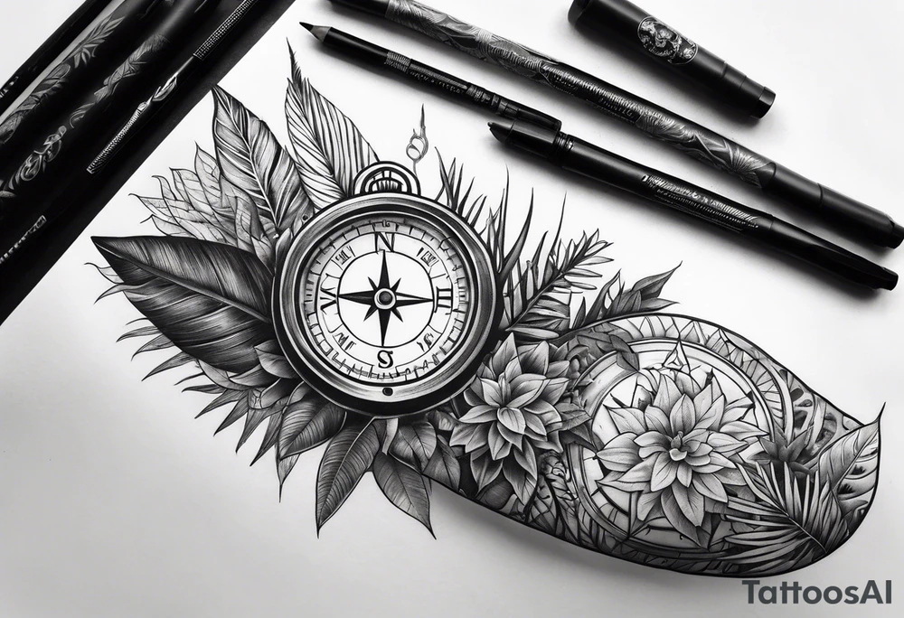 full arm sleeve tattoo with jungle plants and compass tattoo idea
