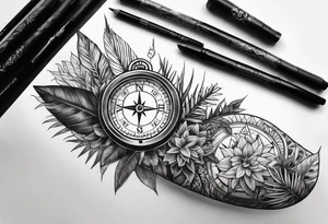 full arm sleeve tattoo with jungle plants and compass tattoo idea