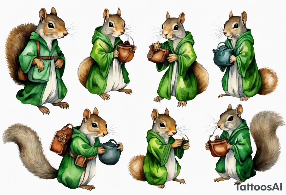 medieval grey squirrel in green robe with a large satchel tattoo idea