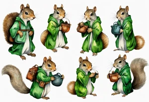 medieval grey squirrel in green robe with a large satchel tattoo idea