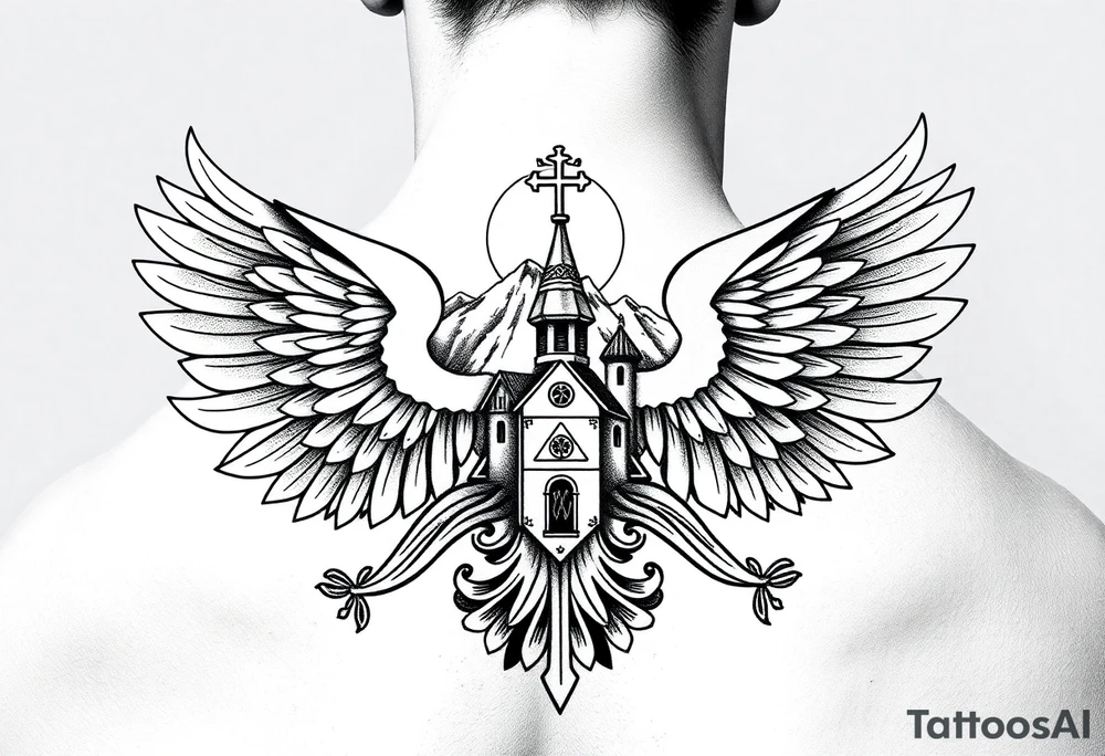 an actual russian coat of arms with the eagles wings spanning out on my back neck across my shoulders / traps with a orthodox christian church being visible in a mountainous sun beaming setting, with the russian orthodox cross spire of the orthodox church being visible on my neck with a sun beaming in the background that the cross sits inside tattoo idea