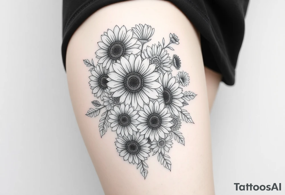 Bouquet of sunflowers, water Lillies, dahlias, marigolds, carnations, hydrangeas, daisys, and chrysanthemums tattoo idea