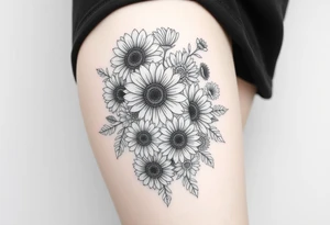 Bouquet of sunflowers, water Lillies, dahlias, marigolds, carnations, hydrangeas, daisys, and chrysanthemums tattoo idea