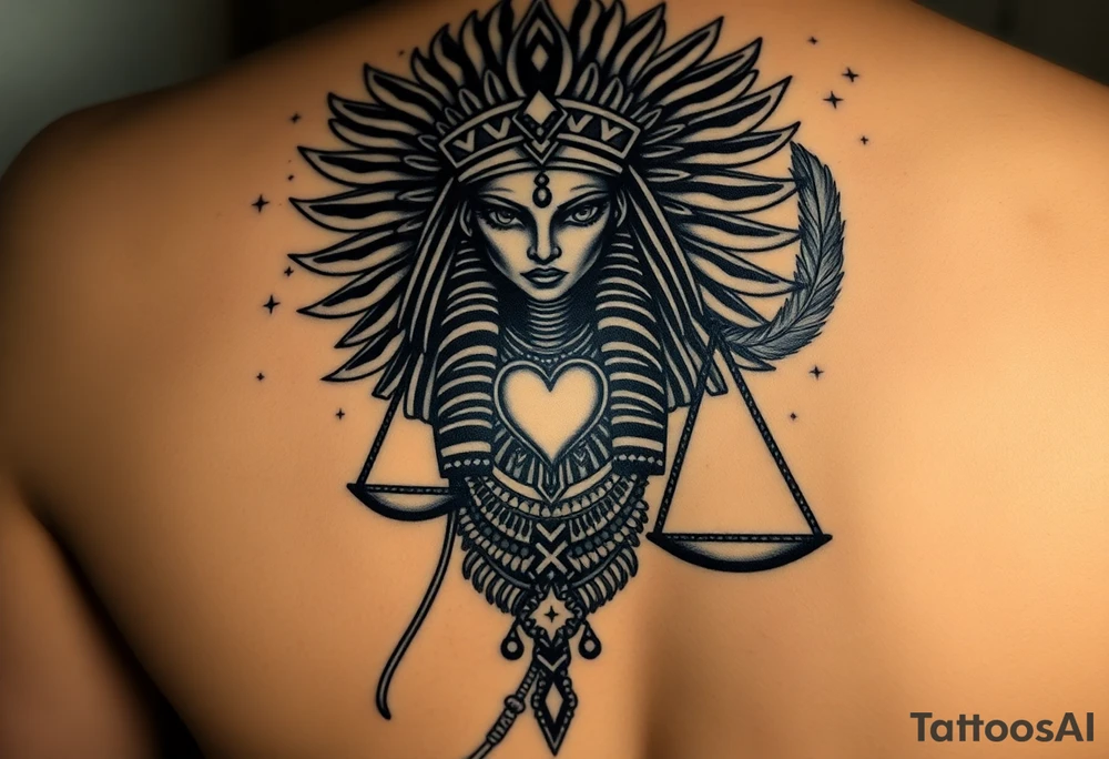 “Super realistic black and grey tattoo of the Egyptian goddess Ma’at, depicted as a regal woman with an ostrich feather headdress, intense glowing eyes, and intricate ancient Egyptian jewelry. She stands or floats amidst swirling cosmic energy and beams of light, with subtle hieroglyphics and pyramids in the background. Incorporate the Scales of Justice—one side holding a heart, the other Ma’at’s feather—glowing with ethereal energy. Emphasize dramatic lighting, deep shadows, and surreal, mystical atmosphere to match a sleeve with Anubis and cosmic motifs. Design should flow with existing sleeve art, using soft transitions and layered textures. tattoo idea