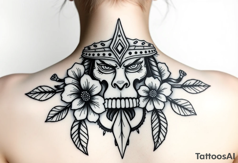 powerful shaman with flowers and spears from Nunavut and representing pain, anger love and healing for front of neck tattoo idea